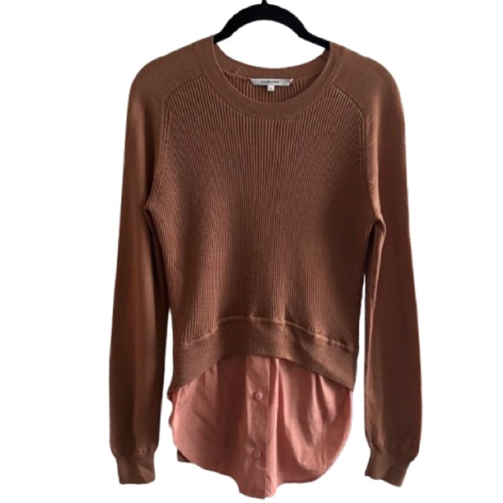 Carven Merino Wool Cotton Layered Sweater Button Down Shirt Combo Scoop Neck